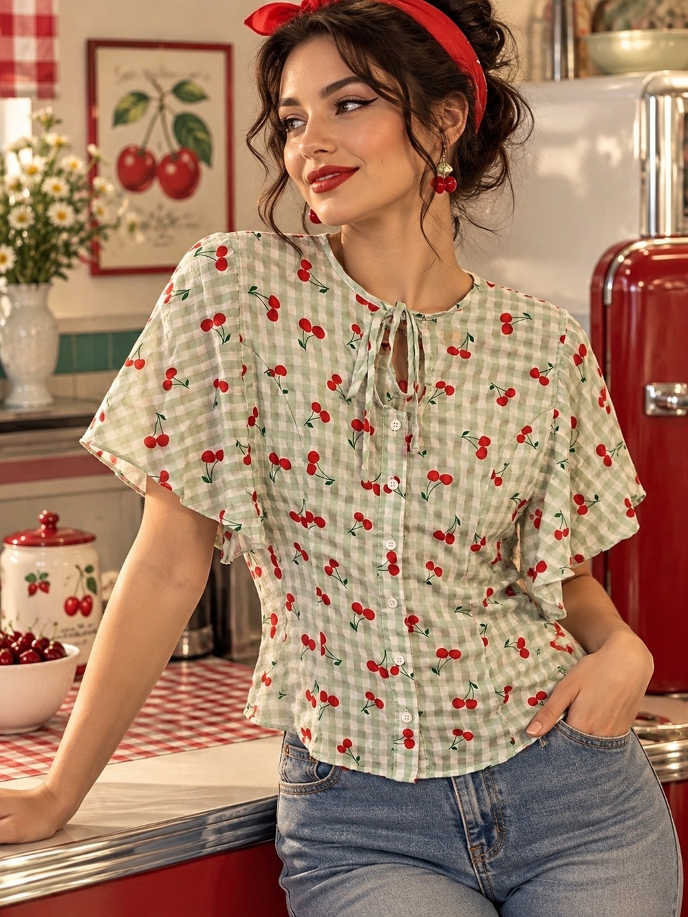 Retro Cherry Gingham Flutter Sleeve Blouse – Medium 6/8 – Vintage-Inspired